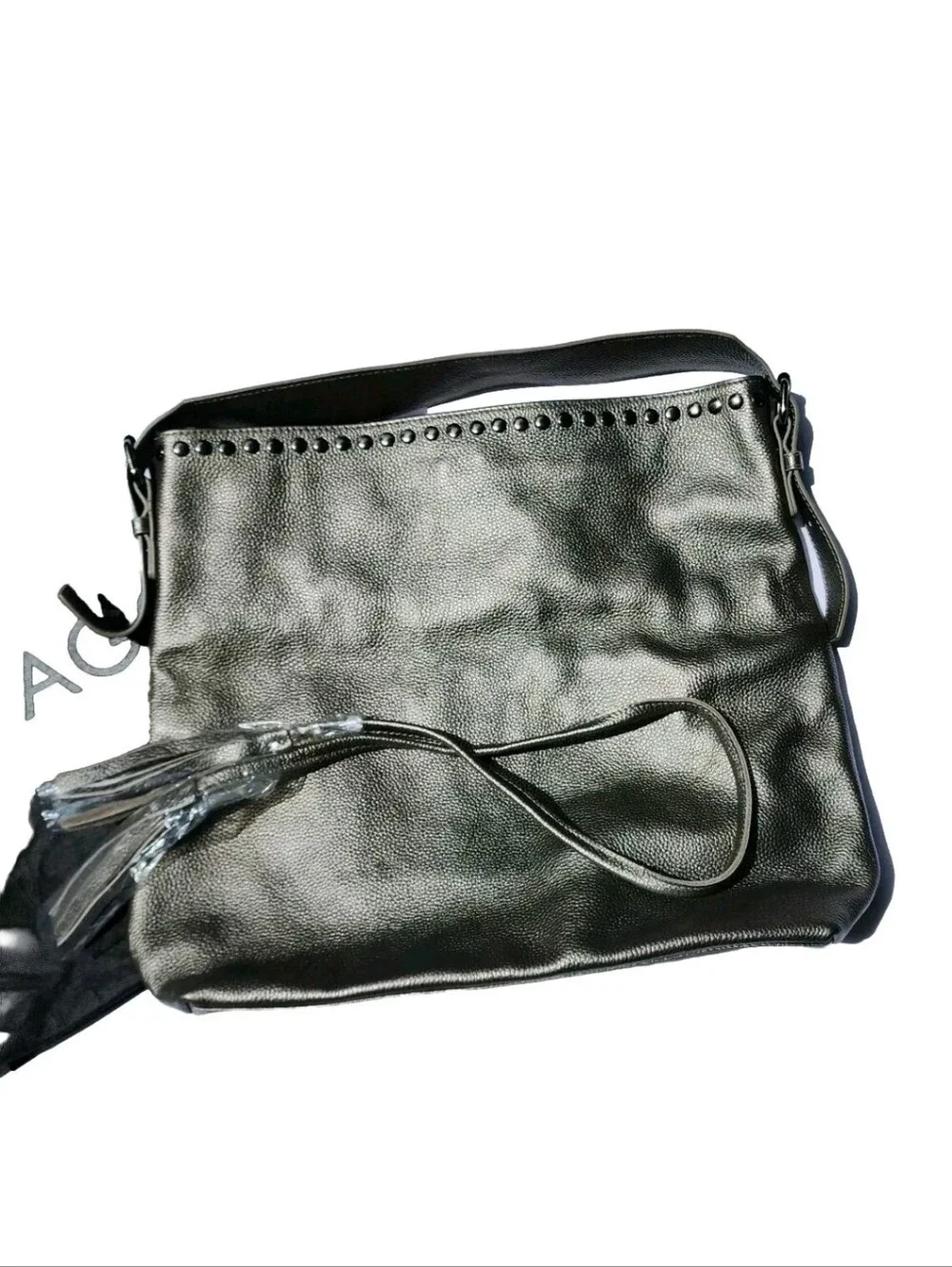 LAGGO Reed Purse Shoulder Bag Metallic Silver Pebbled Leather Studded Tote Hobo